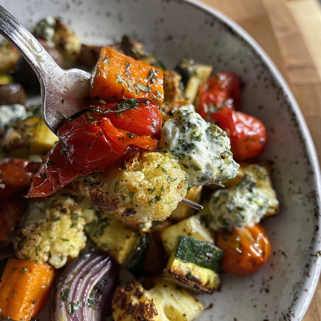 Abendessen mit Ofengemüse und Kräuterquark