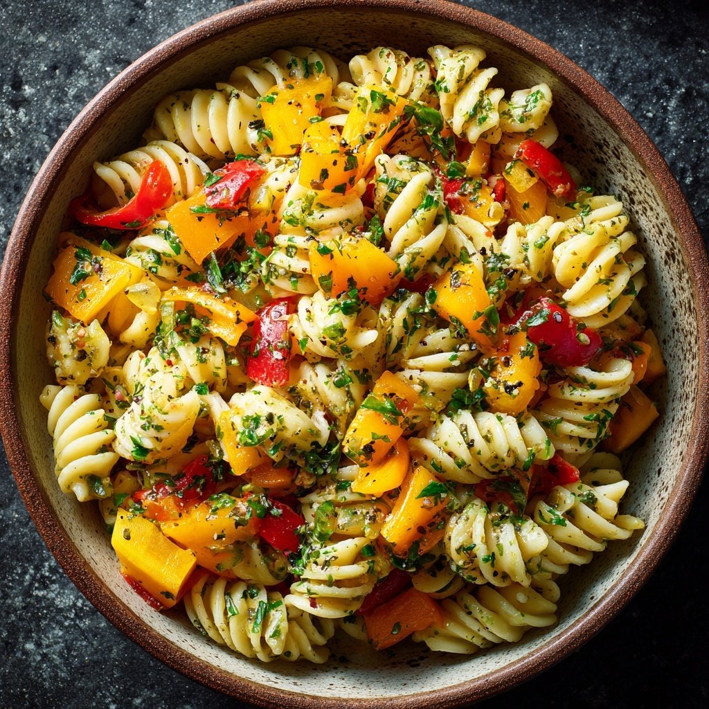 Mediterraner Nudelsalat Mit Paprika Würfeln